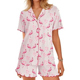 Ekouaer Button Up Pajamas Set for Women Short Sleeve Ribbed Knit Sleepwear 2 pc Pjs Shorts Set