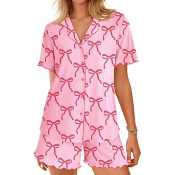 Ekouaer Button Up Pajamas Set for Women Short Sleeve Ribbed Knit Sleepwear 2 pc Pjs Shorts Set