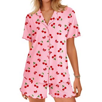 Ekouaer Button Up Pajamas Set for Women Short Sleeve Ribbed Knit Sleepwear 2 pc Pjs Shorts Set