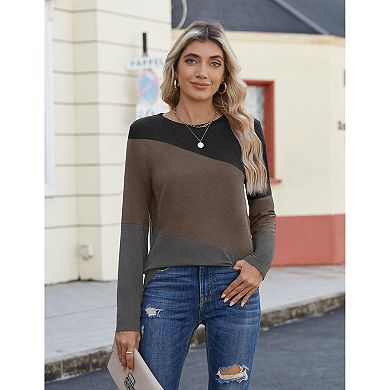 Zeagoo Womens Round Neck Long Sleeve Tops Basic Pleated Loose Fit Tunic Work Daily Blouses