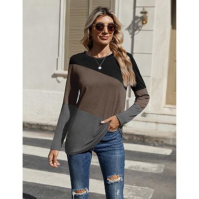 Zeagoo Womens Round Neck Long Sleeve Tops Basic Pleated Loose Fit Tunic Work Daily Blouses