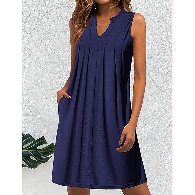 Zeagoo Women Floral Casual Pleated Dress with Pockets Sleeveless A Line V Neck Office Dress