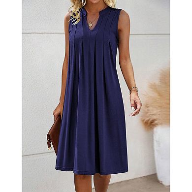 Zeagoo Women Floral Casual Pleated Dress with Pockets Sleeveless A Line V Neck Office Dress