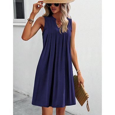 Zeagoo Women Floral Casual Pleated Dress with Pockets Sleeveless A Line V Neck Office Dress