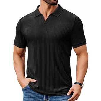 COOFANDY Men' Ribbed Polo Shirts Short Sleeve V Neck Slim Fit Polo T-Shirt Casual Summer Collared