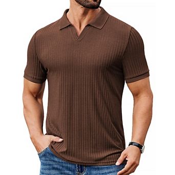 COOFANDY Men' Ribbed Polo Shirts Short Sleeve V Neck Slim Fit Polo T-Shirt Casual Summer Collared