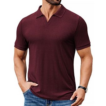 COOFANDY Men' Ribbed Polo Shirts Short Sleeve V Neck Slim Fit Polo T-Shirt Casual Summer Collared