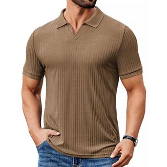 COOFANDY Men' Ribbed Polo Shirts Short Sleeve V Neck Slim Fit Polo T-Shirt Casual Summer Collared