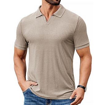 COOFANDY Men' Ribbed Polo Shirts Short Sleeve V Neck Slim Fit Polo T-Shirt Casual Summer Collared