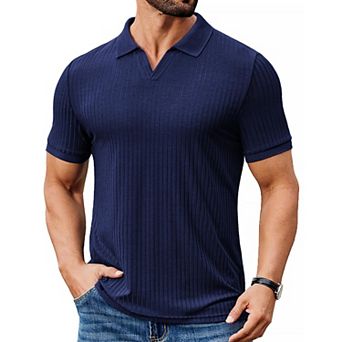 COOFANDY Men' Ribbed Polo Shirts Short Sleeve V Neck Slim Fit Polo T-Shirt Casual Summer Collared
