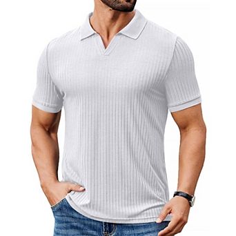 COOFANDY Men' Ribbed Polo Shirts Short Sleeve V Neck Slim Fit Polo T-Shirt Casual Summer Collared