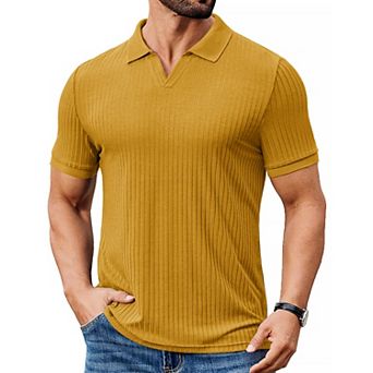 COOFANDY Men' Ribbed Polo Shirts Short Sleeve V Neck Slim Fit Polo T-Shirt Casual Summer Collared