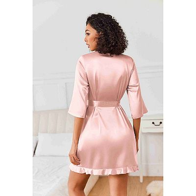 short satin dressing gown Women's Lace Trim Satin Robe, Knee Length, Deep Purple / Large