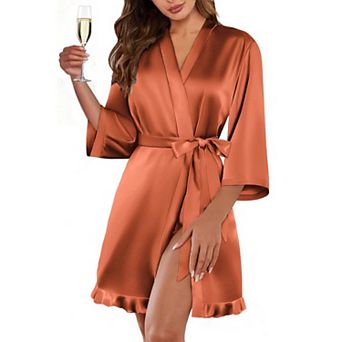 Ekouaer Women's Satin Robes Silk Kimono Bath Robe Short Ruffled Hem Bride Bridesmaid Sleepwear