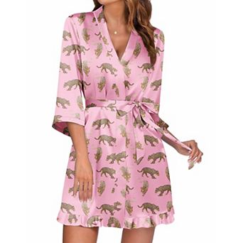 Ekouaer Women's Satin Robes Silk Kimono Bath Robe Short Ruffled Hem Bride Bridesmaid Sleepwear