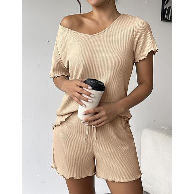 Ekouaer Womens Waffle Knit Short Sets 2 Piece Summer Short Sleeve Lounge Outfits with Pockets