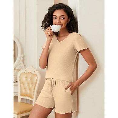 Ekouaer Womens Waffle Knit Short Sets 2 Piece Summer Short Sleeve Lounge Outfits with Pockets