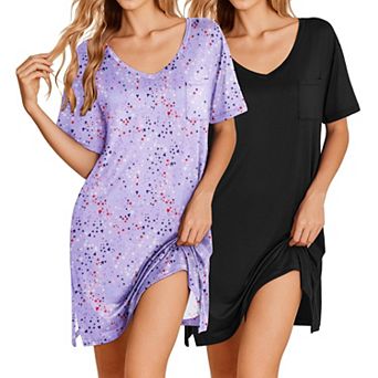 Ekouaer 2 Pack Nightgowns for Women Short Sleeve Sleepshirt V Neck Nightshirt Casual Print Sleepwear