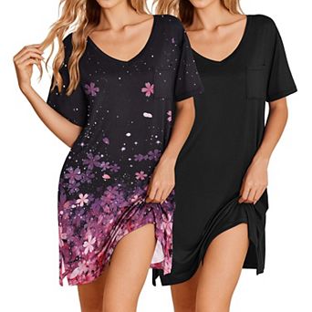 Ekouaer 2 Pack Nightgowns for Women Short Sleeve Sleepshirt V Neck Nightshirt Casual Print Sleepwear