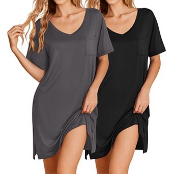 Ekouaer 2 Pack Nightgowns for Women Short Sleeve Sleepshirt V Neck Nightshirt Casual Print Sleepwear