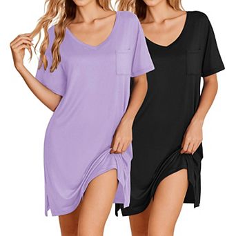 Ekouaer 2 Pack Nightgowns for Women Short Sleeve Sleepshirt V Neck Nightshirt Casual Print Sleepwear