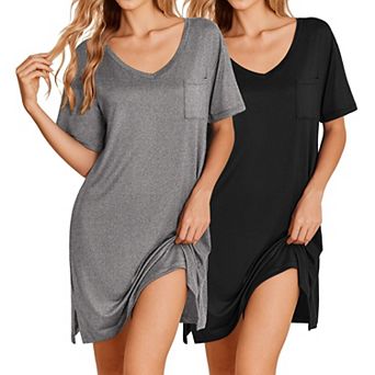Ekouaer 2 Pack Nightgowns for Women Short Sleeve Sleepshirt V Neck Nightshirt Casual Print Sleepwear