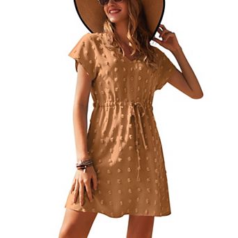 Ekouaer Women's Beach Dresses Summer Beach Cover Up Short Sleeve Bikini Cover Up V Neck