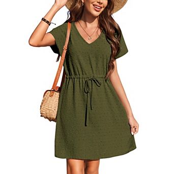 Ekouaer Women's Beach Dresses Summer Beach Cover Up Short Sleeve Bikini Cover Up V Neck