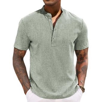 COOFANDY Mens Short Sleeve Henley Shirts Mens Linen Casual Shirts Beach Vacation Clothes for Men