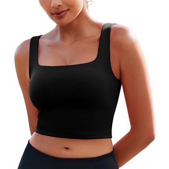 Pinspark Women's Square Neck Longline Padded Sports Bra Wide Straps Yoga Tank Top Built-in Bra