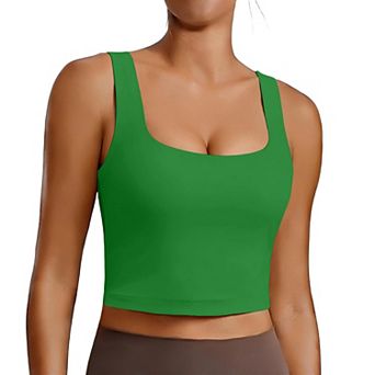 Pinspark Women's Square Neck Longline Padded Sports Bra Wide Straps Yoga Tank Top Built-in Bra