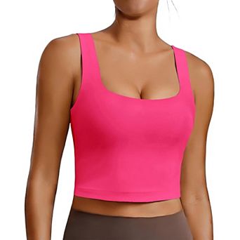 Pinspark Women's Square Neck Longline Padded Sports Bra Wide Straps Yoga Tank Top Built-in Bra