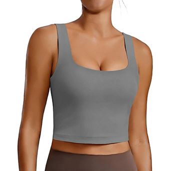 PINSPARK Women's Square Neck Longline Padded Sports Bra Wide Straps Yoga Tank Top Built-in Bra