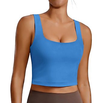 PINSPARK Women's Square Neck Longline Padded Sports Bra Wide Straps Yoga Tank Top Built-in Bra