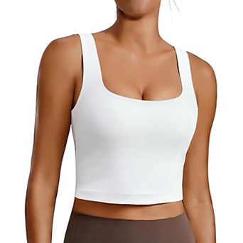PINSPARK Women's Square Neck Longline Padded Sports Bra Wide Straps Yoga Tank Top Built-in Bra
