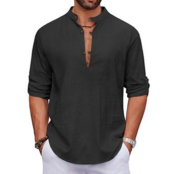 COOFANDY Mens Cotton Linen Shirts Casual T Shirts Long Sleeve Beach Hippie Yoga Tops Blue
