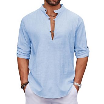 COOFANDY Mens Cotton Linen Shirts Casual T Shirts Long Sleeve Beach Hippie Yoga Tops Blue