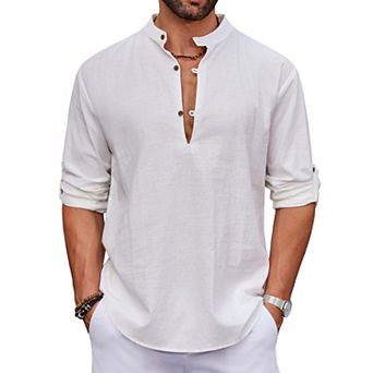 COOFANDY Mens Cotton Linen Shirts Casual T Shirts Long Sleeve Beach Hippie Yoga Tops Blue