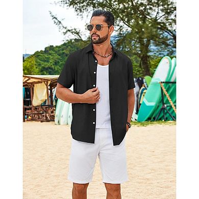 COOFANDY Mens Button Down Shirt Short Sleeve Lightweight Casual Summer Beach Shirt Textured Linen