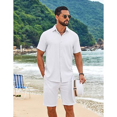 COOFANDY Mens Button Down Shirt Short Sleeve Lightweight Casual Summer Beach Shirt Textured Linen