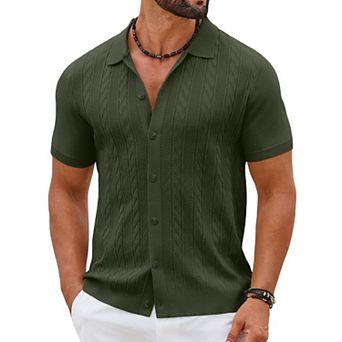 COOFANDY Mens Casual Button Down Shirts Short Sleeve Sweater Knit Polo Shirts Summer Vacation Tops