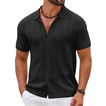 COOFANDY Mens Casual Button Down Shirts Short Sleeve Sweater Knit Polo Shirts Summer Vacation Tops