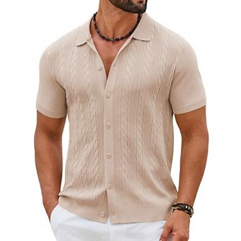 COOFANDY Mens Casual Button Down Shirts Short Sleeve Sweater Knit Polo Shirts Summer Vacation Tops