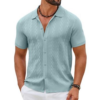 COOFANDY Mens Casual Button Down Shirts Short Sleeve Sweater Knit Polo Shirts Summer Vacation Tops