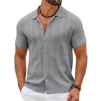 COOFANDY Mens Casual Button Down Shirts Short Sleeve Sweater Knit Polo Shirts Summer Vacation Tops