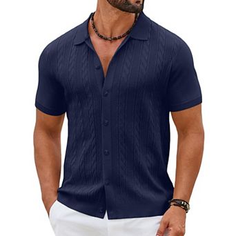 COOFANDY Mens Casual Button Down Shirts Short Sleeve Sweater Knit Polo Shirts Summer Vacation Tops