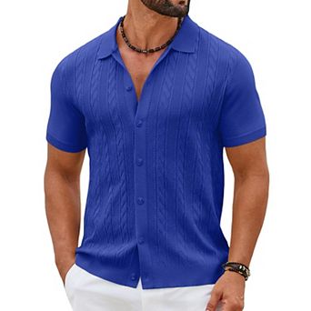 COOFANDY Mens Casual Button Down Shirts Short Sleeve Sweater Knit Polo Shirts Summer Vacation Tops