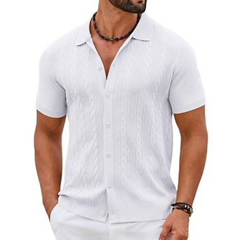 COOFANDY Mens Casual Button Down Shirts Short Sleeve Sweater Knit Polo Shirts Summer Vacation Tops
