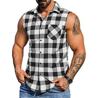 COOFANDY Mens Sleeveless Plaid Shirt Casual Flannel Tank Top Button Up Sleeveless Shirt with Pocket