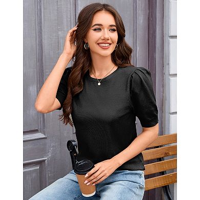 Women Lantern Short Sleeve Sweater Casual Crewneck Knit Top